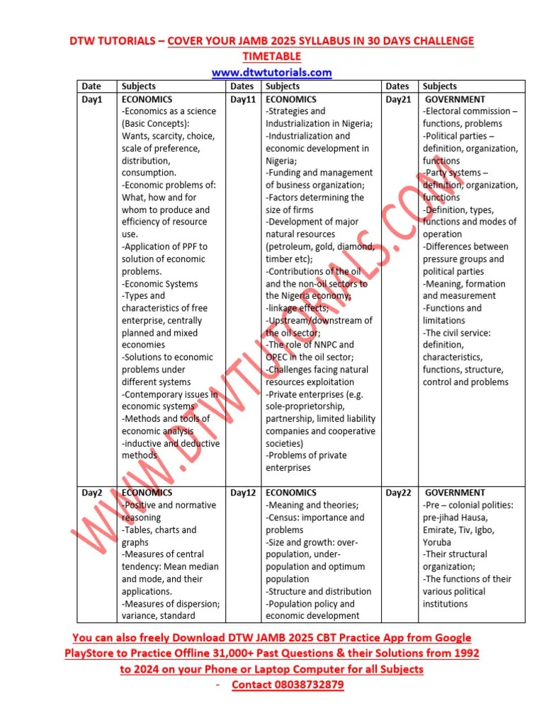 Govt Econ Math Eng Jamb 30 Days Timetable Challenge By Dtw Tutorials