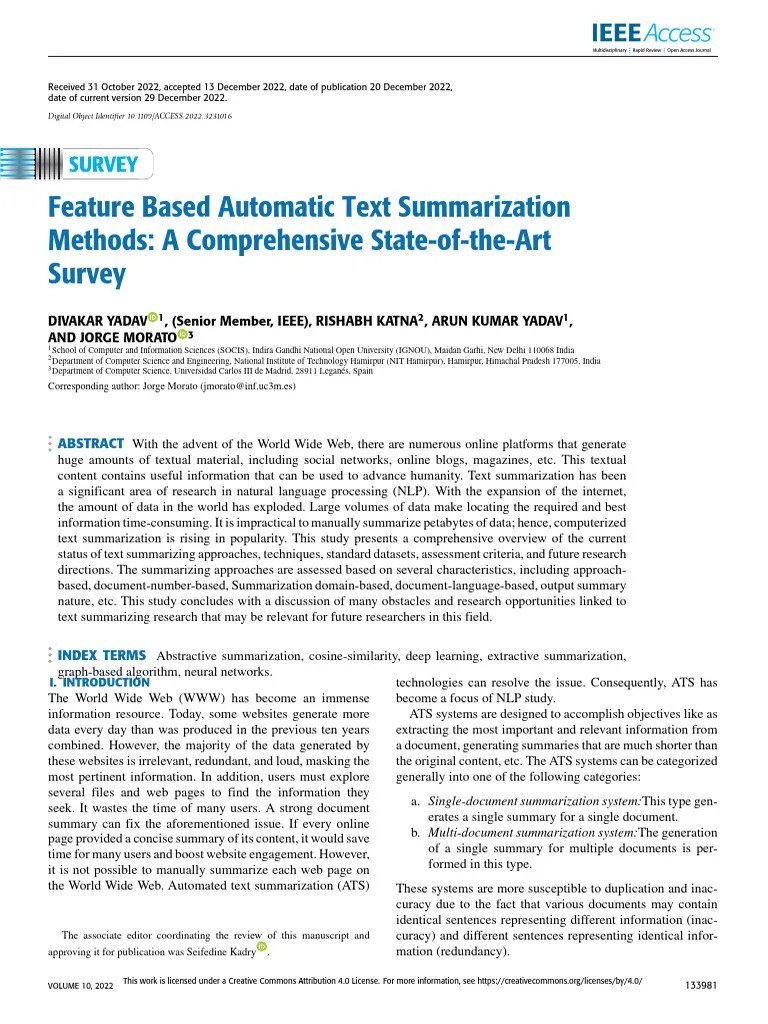 Feature Based Automatic Text Summarization Methods A Comprehensive State-Of-The-Art Survey | PDF ...