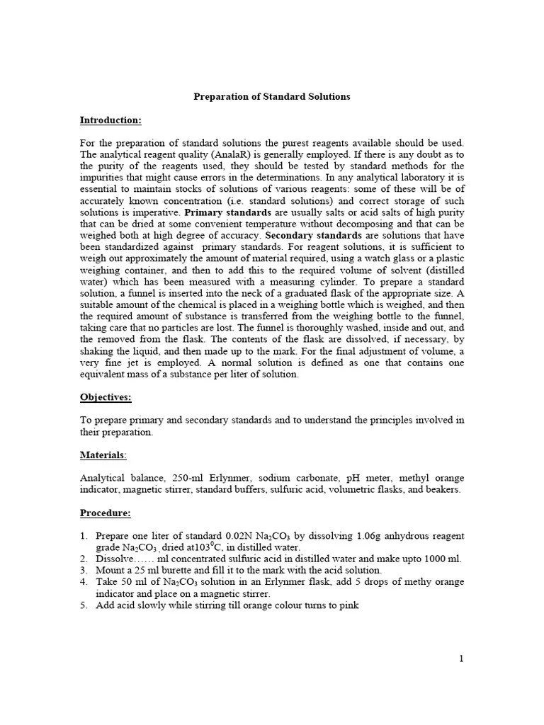 Preparation Of Standard Solutions | PDF | Titration | Chemistry