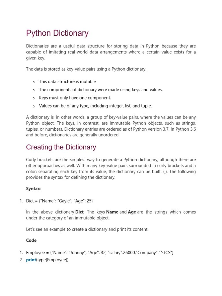 Python Dictionary | PDF | Boolean Data Type | Parameter (Computer ...