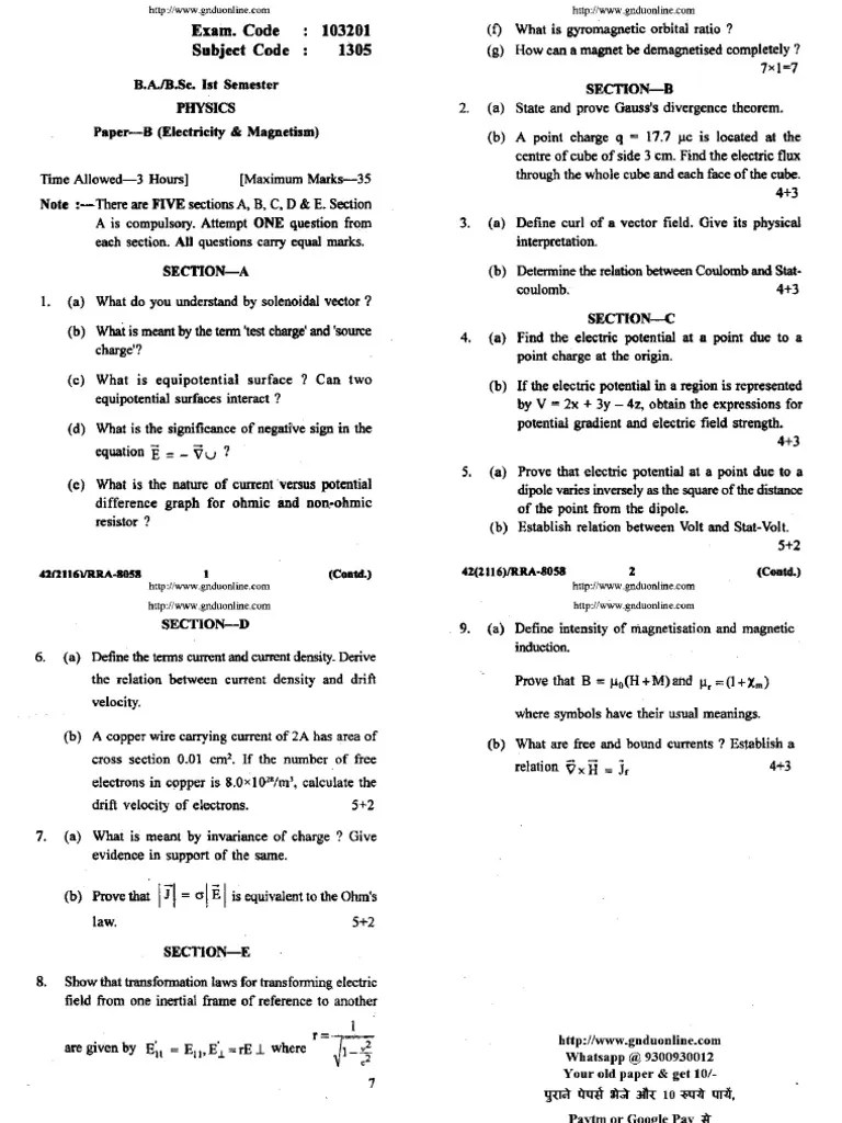 Ba BSC 1 Sem Physics Electricity And Magnetism 1305 2016 | PDF