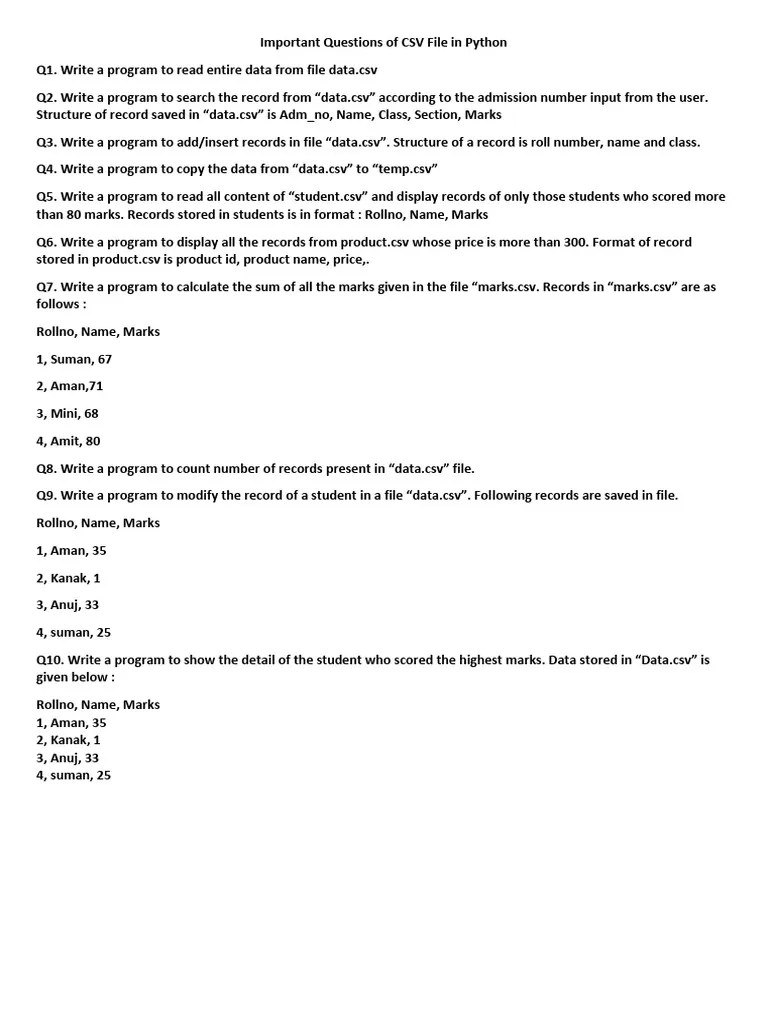 Important Questions Of CSV File In Python | PDF