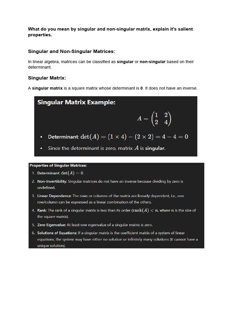 Properties Of Singular And Non-Singular Matrix | PDF