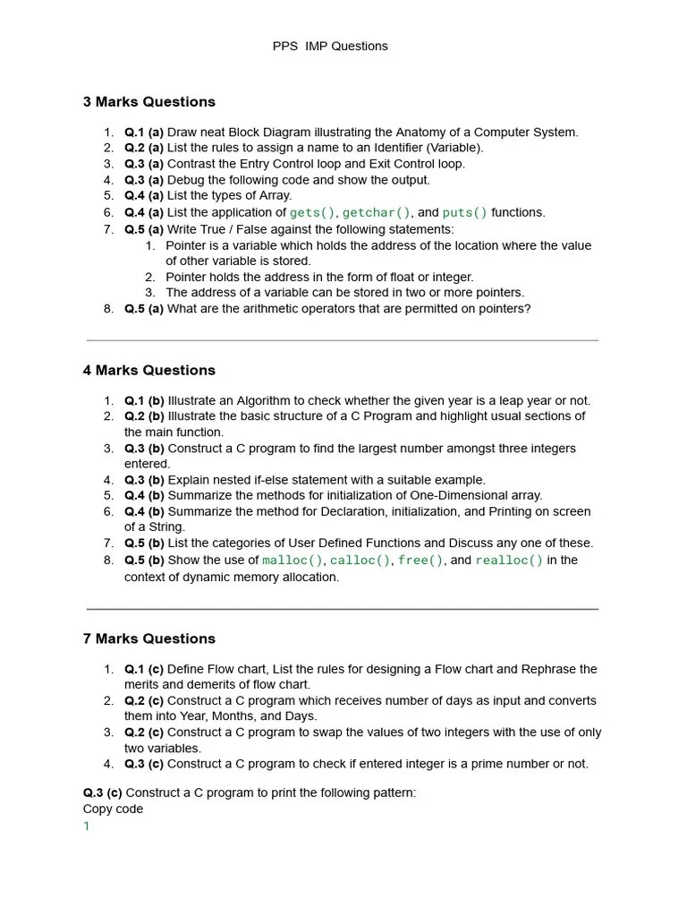 PPS IMP Questions | PDF | Pointer (Computer Programming) | C (Programming Language)