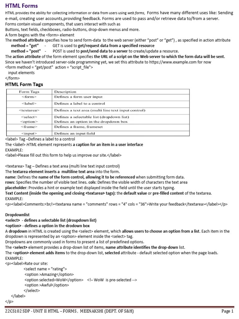 SHORT NOTES FORM CONTROLS - FORM TAGS, FORM ATTRIBUTES | PDF | Internet ...