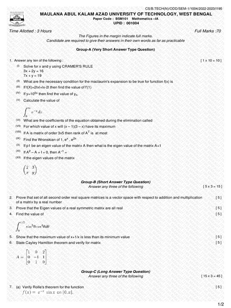 Cse, Cseaiml, Cseiotcs Bsm101 Mathematics - Ia | PDF | Matrix ...