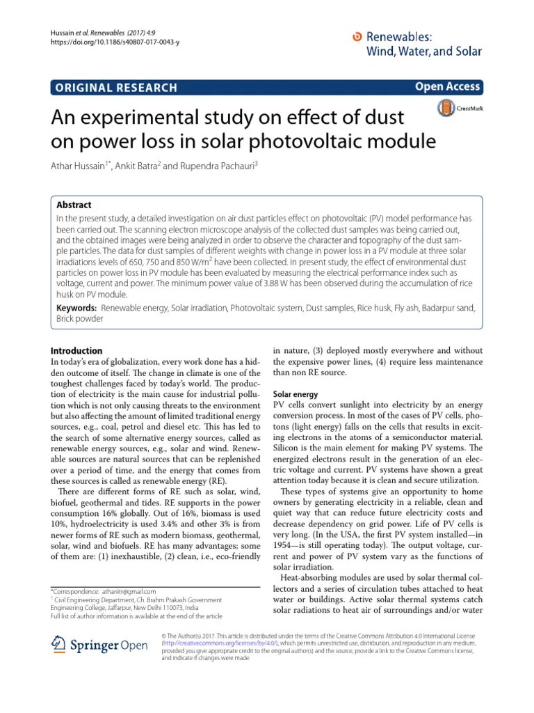 Effect Of Dust On Power Loss In Solar Photovoltaic Module | PDF | Photovoltaics | Solar Panel