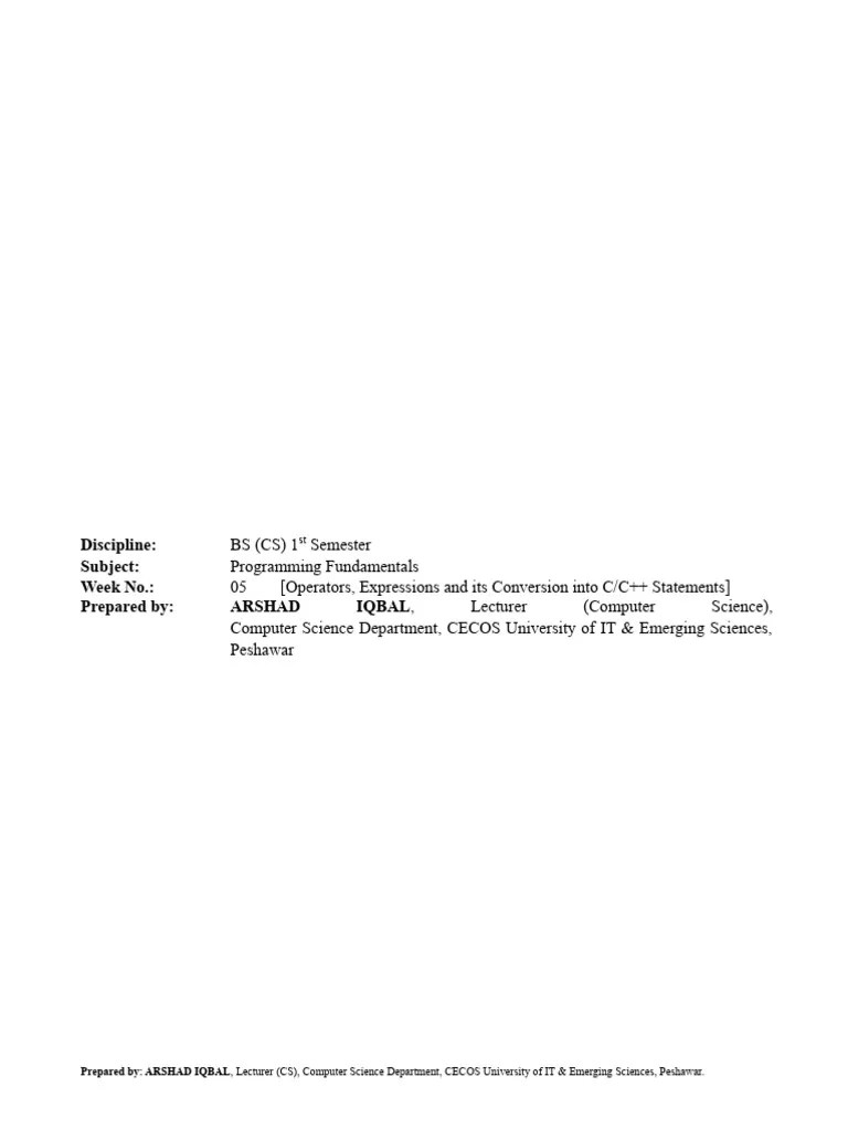 Lecture No. 05 [Operators, Expressions And Its Conversion Into C & C++ ...