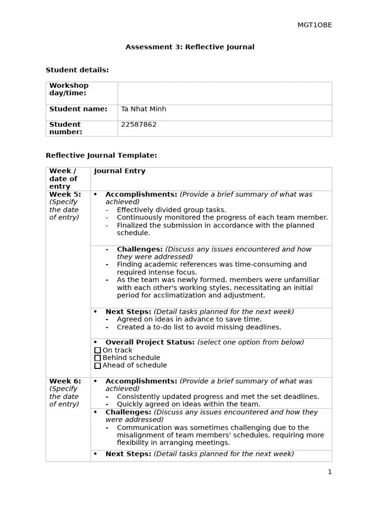Assessment 3 Reflective Journal Template Pdf Time Management