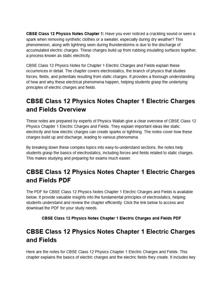 CBSE Class 12 Physics Notes Chapter 1 | PDF | Electric Charge | Force