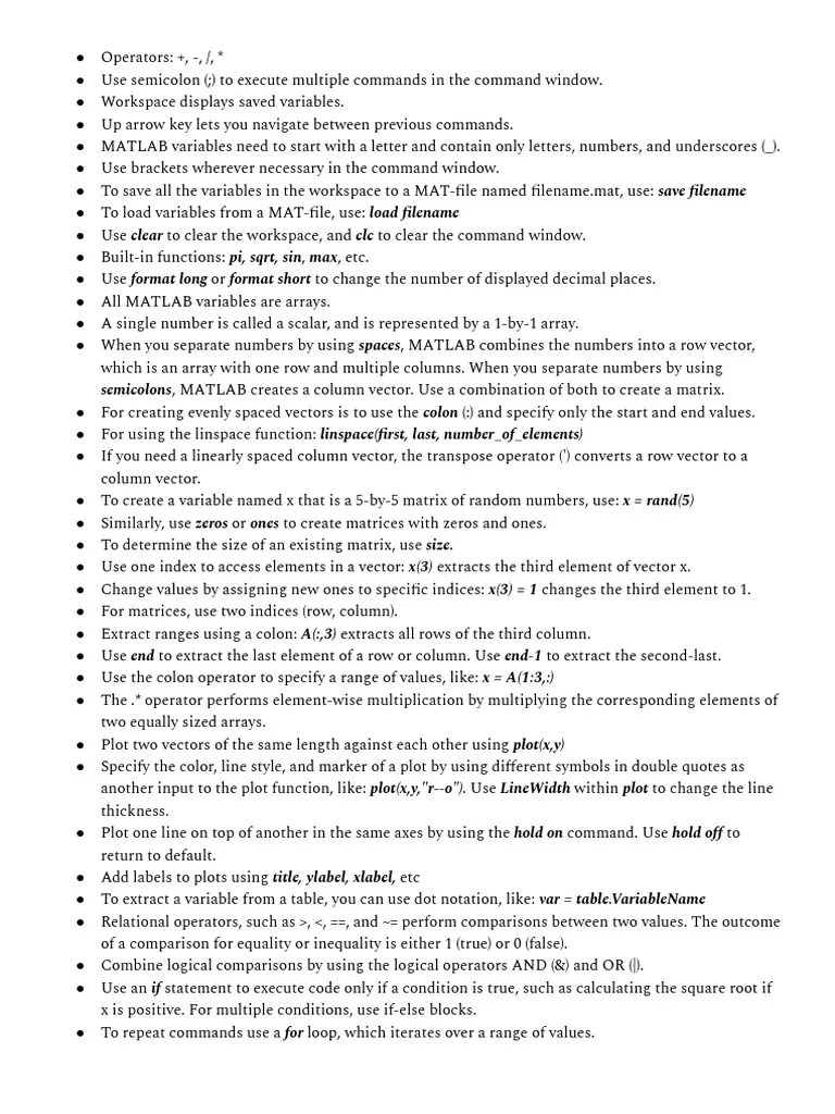 MATLAB Notes | PDF | Matrix (Mathematics) | Matlab