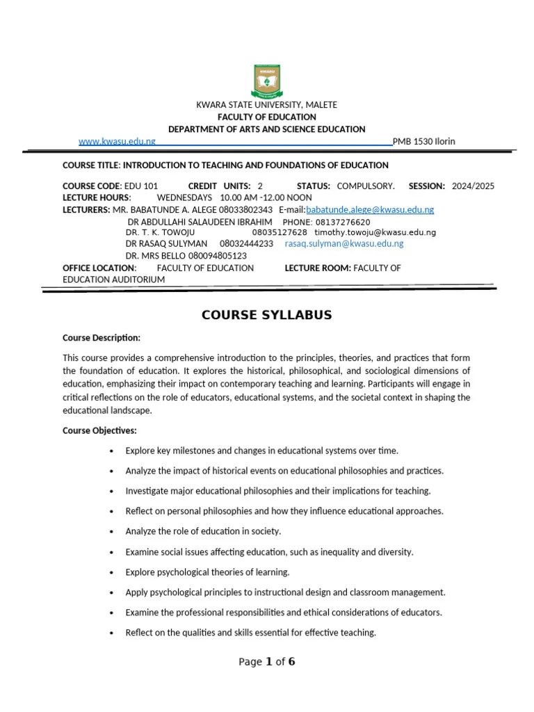 Edu 101 Syllabus 2024 2025 | PDF | Philosophy Of Education | Sociology