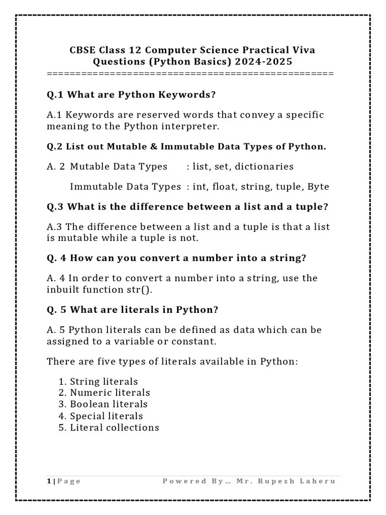 Imp CBSE Class 12 Computer Science Practical Viva Q Python 2024-2025 | PDF
