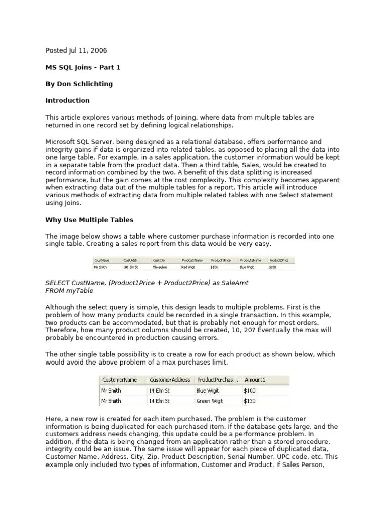 MS SQL Joins - Part 1 | PDF | Microsoft Sql Server | Table (Database)