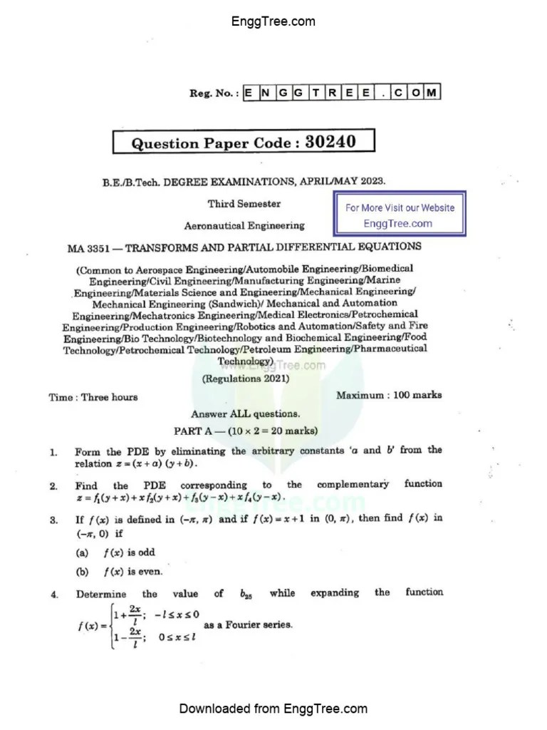 MA3351 Transforms And Partial Differential Equations Apr May 2023 Question Paper Download | PDF