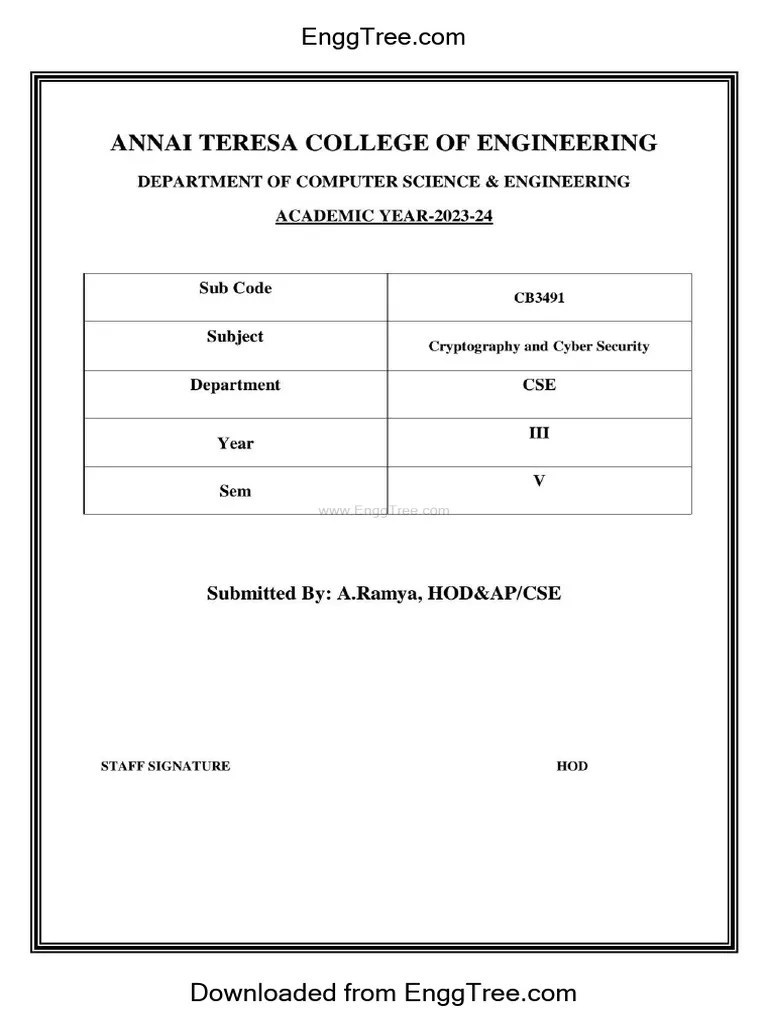 CB3491 Cryptography And Cyber Security Lecture Notes 2 | PDF