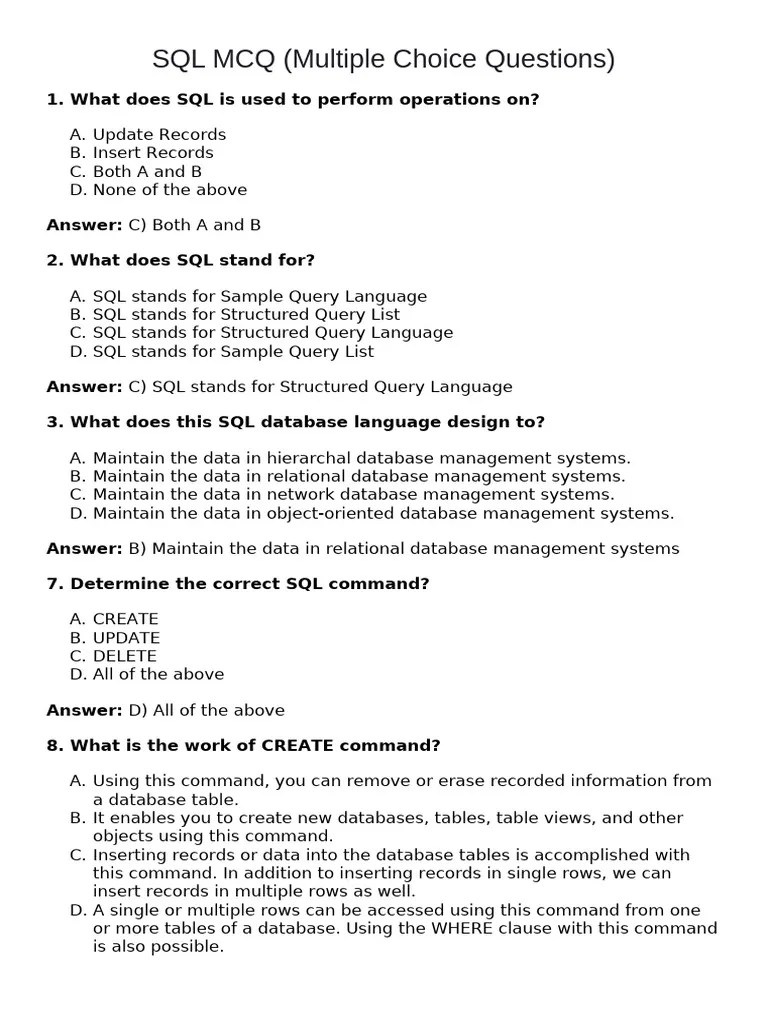 SQL MCQ | PDF | Databases | Sql
