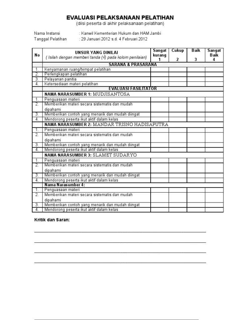 Pengertian dan tujuan penilaian kinerja karyawan. Form Evaluasi Pelatihan Rev Pdf
