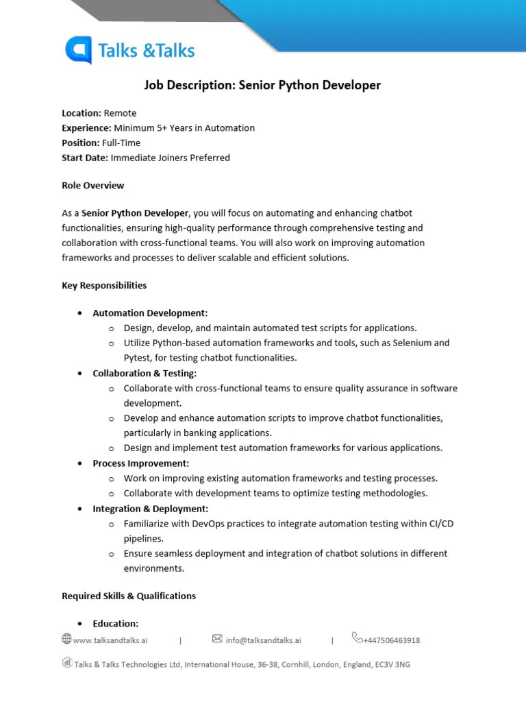 Job Description_Senior Python Developer | PDF | Automation | Selenium (Software)