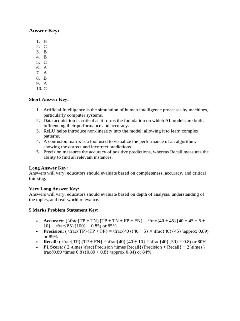 AI-class 10 Practice Paper-answer Key | PDF