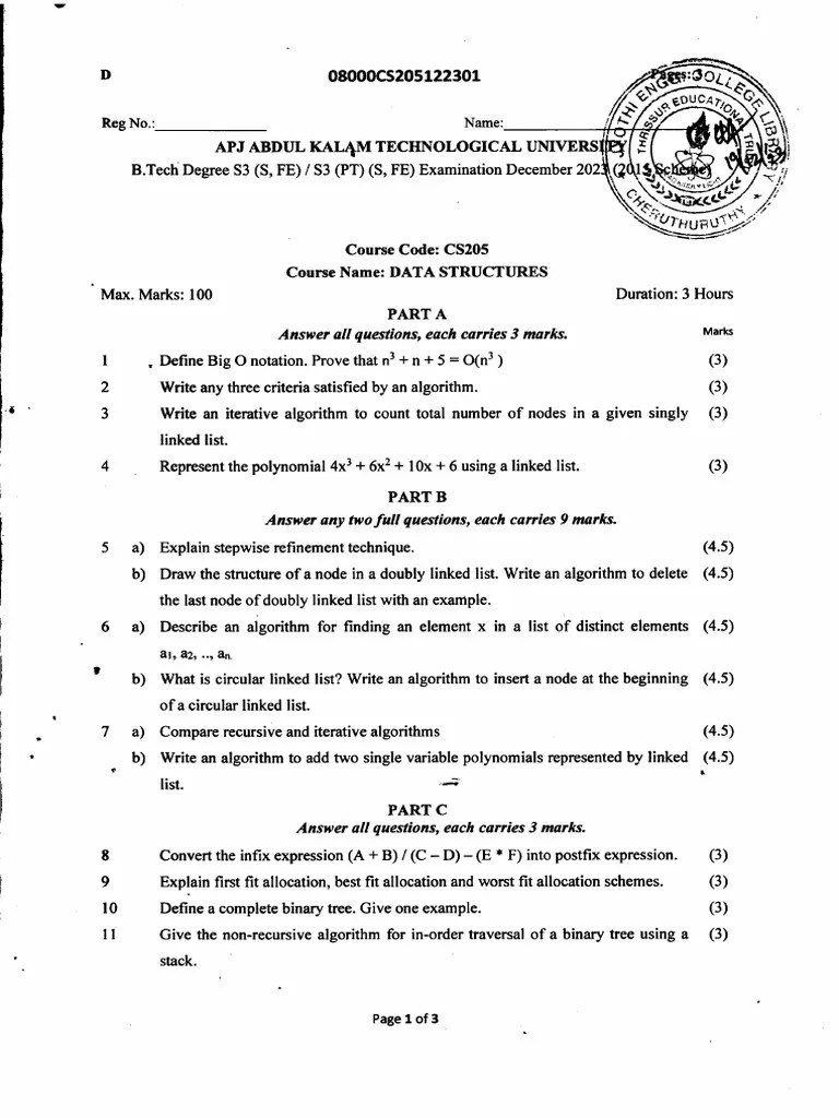 Btech Cs 3 Sem Data Structures Cs205 Dec 2023 | PDF | Algorithms And ...