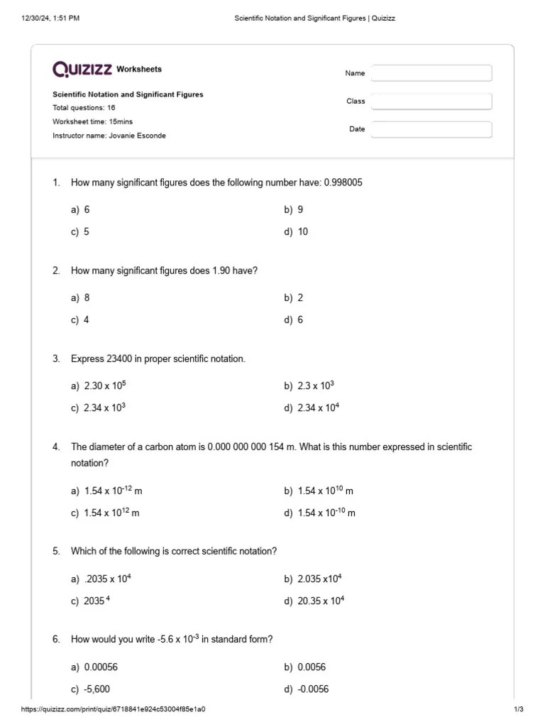Scientific Notation And Significant Figures _ Quizizz | PDF ...