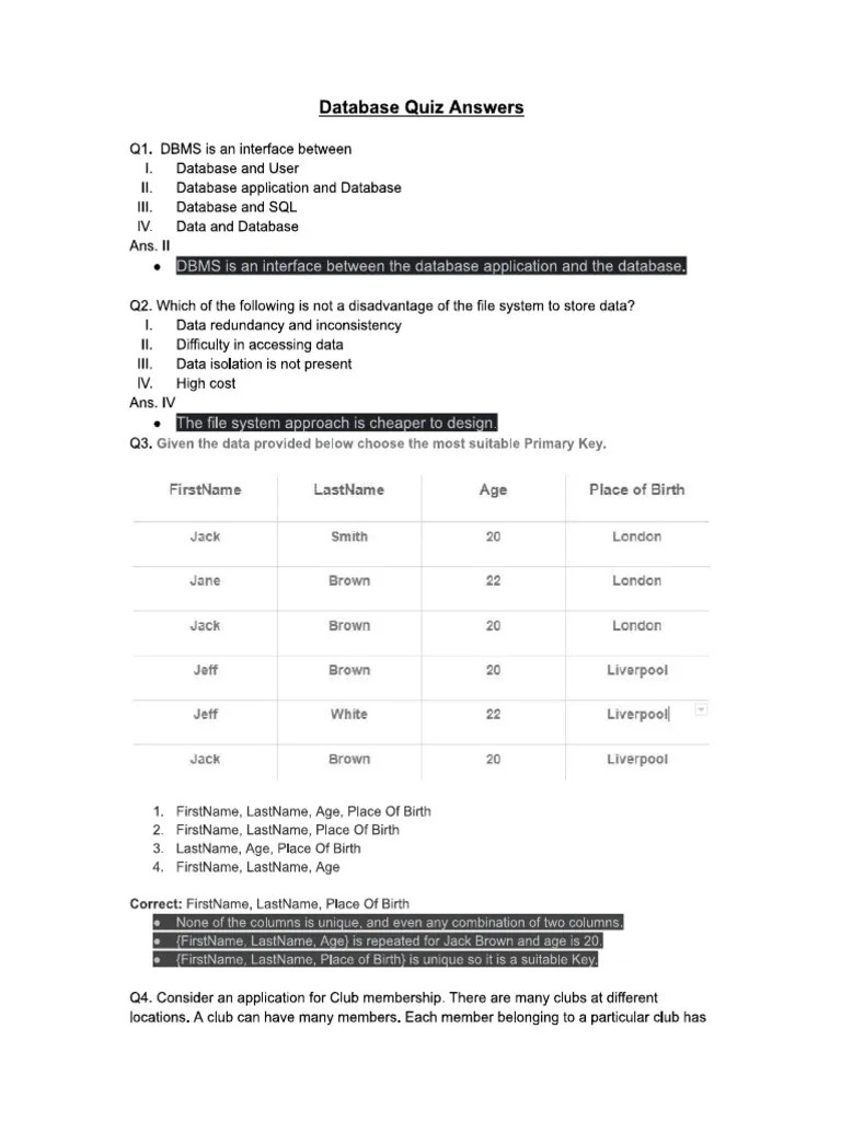 Database Quiz Answers | PDF