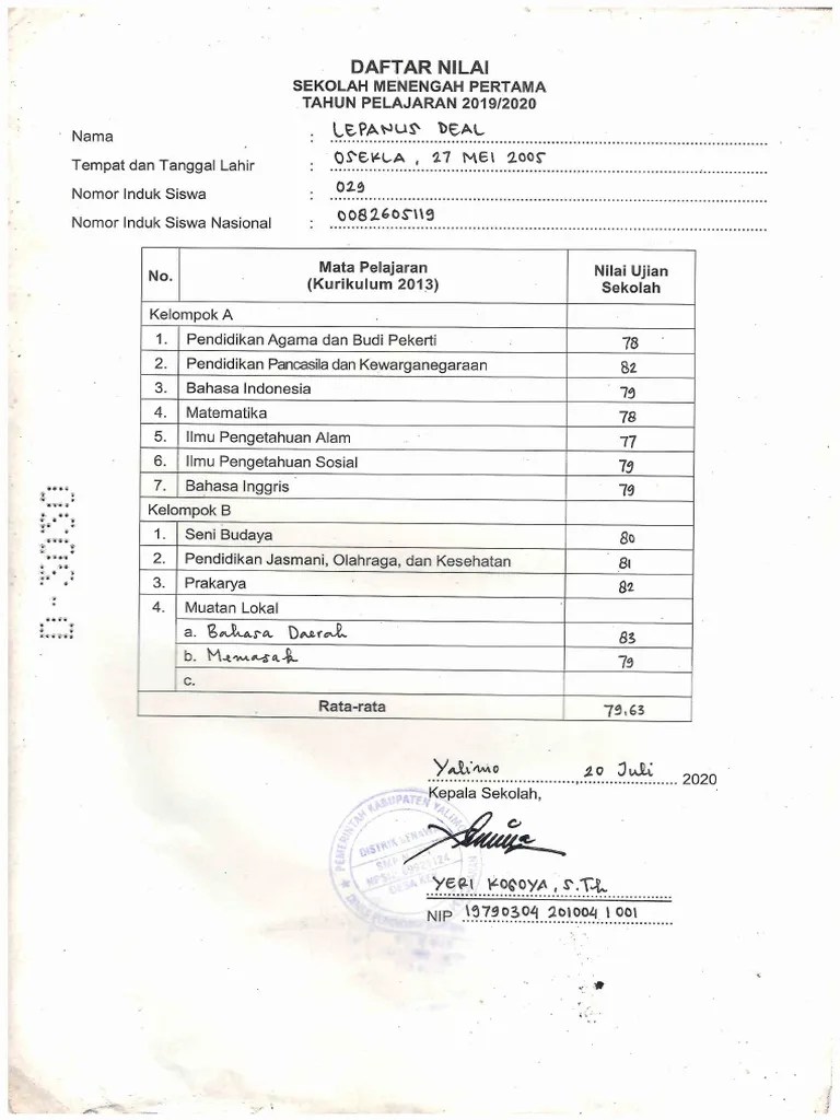 Daftar Nilai SMP | PDF