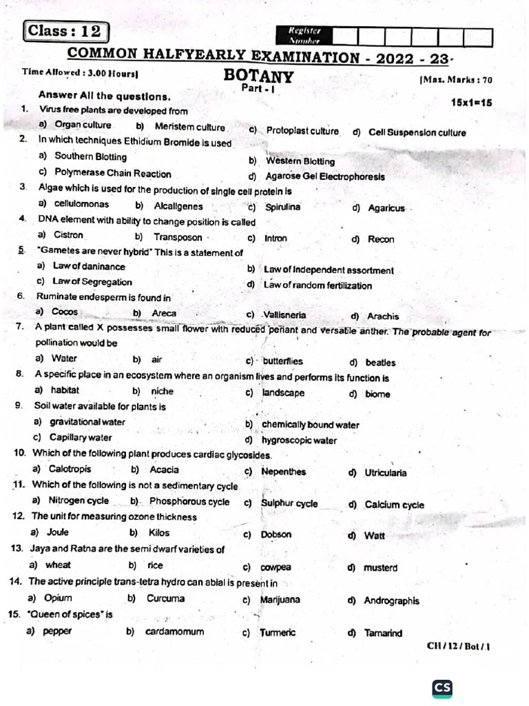 12th Botany EM Half Yearly Exam 2022 Original Question Paper ...