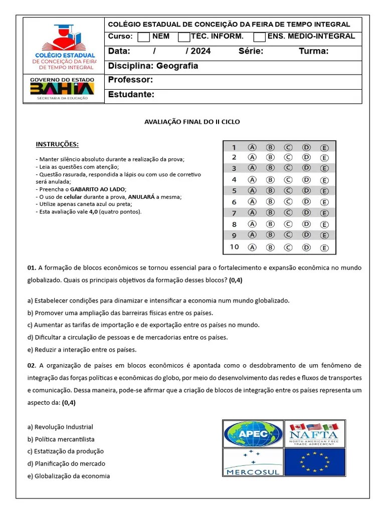 PROVA GEOGRAFIA 3° ANO TARDE | PDF | Economia | Globalização