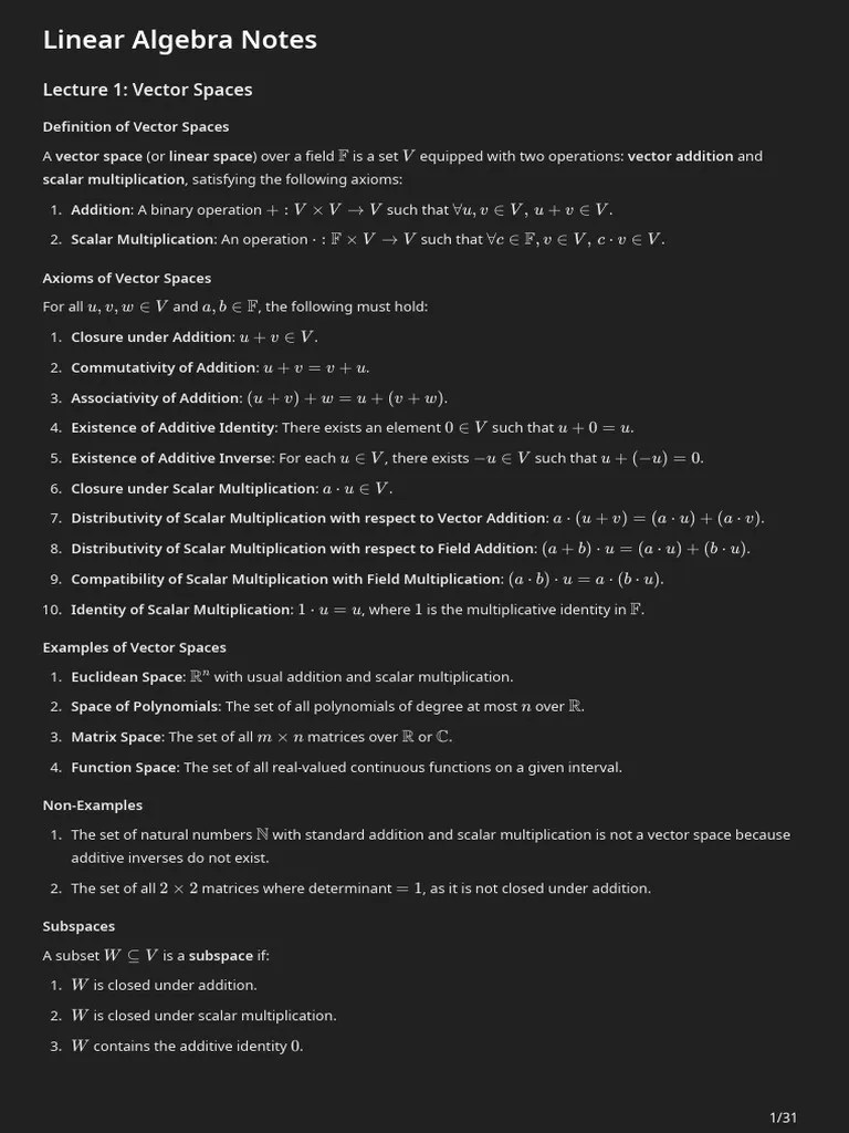 Linear Algebra Notes | PDF | Vector Space | Basis (Linear Algebra)