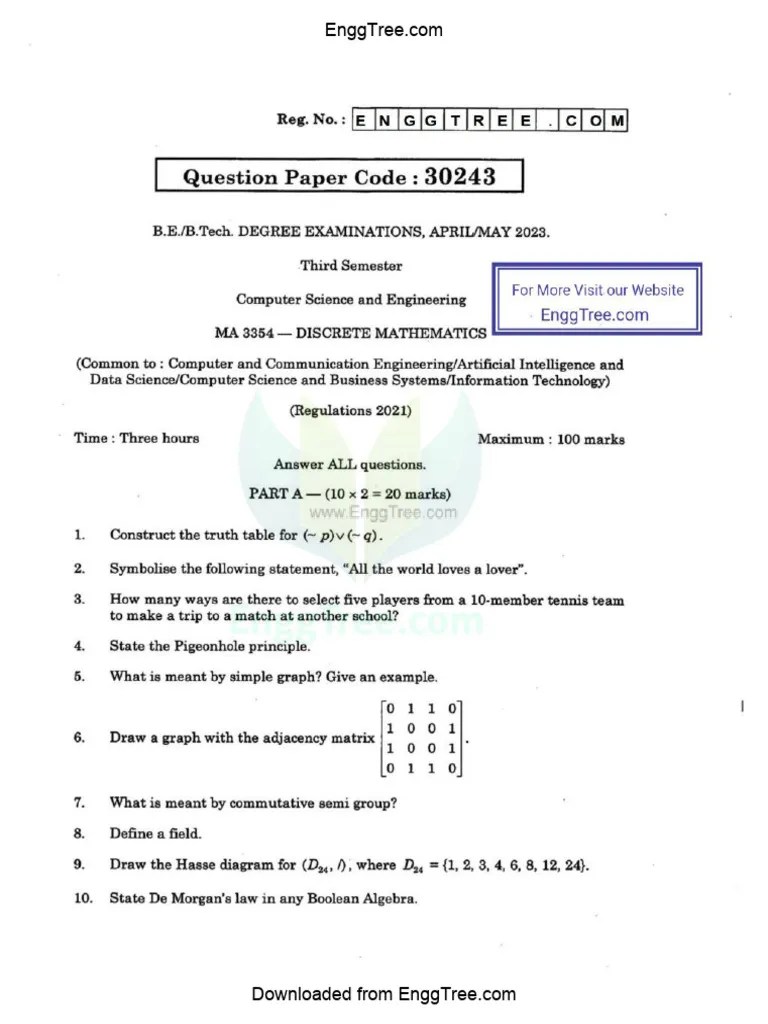 MA3354 Discrete Mathematics Apr May 2023 Question Paper Download | PDF
