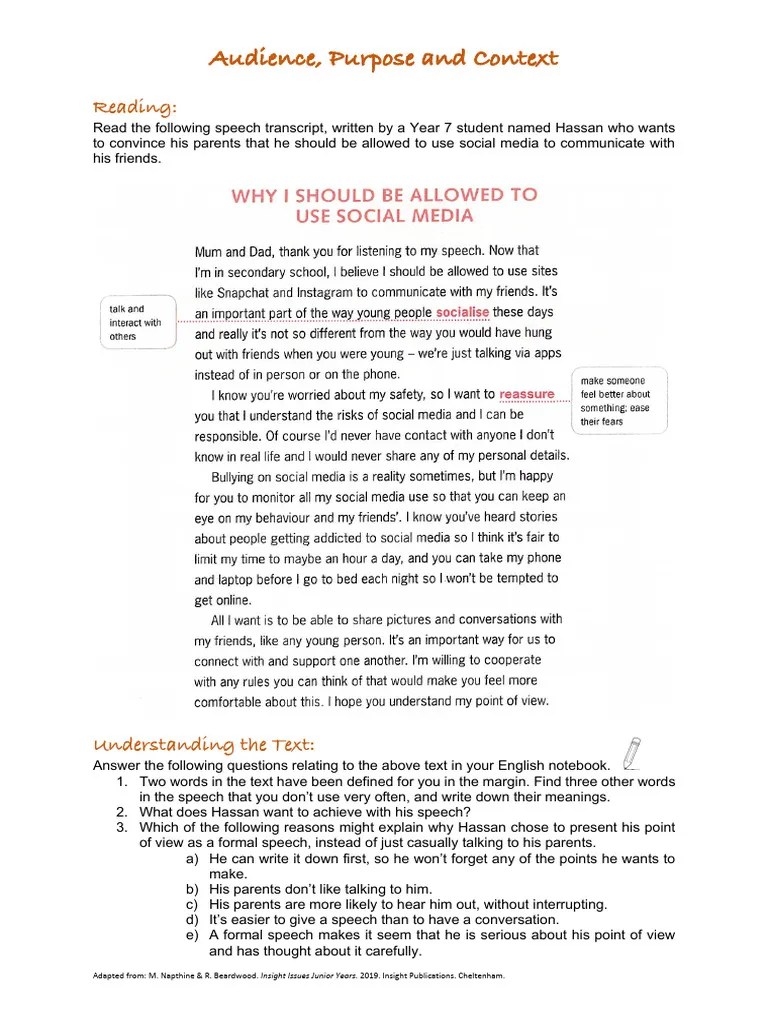 Understanding Audience And Purpose Pdf Reason Speech