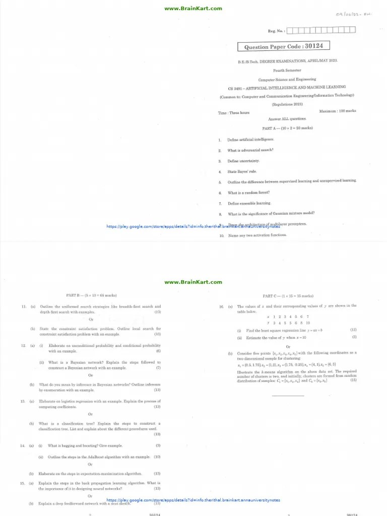 Artificial Intelligence And Machine Learning - CS3491 2021 Regulation - Question Paper 2023 ...