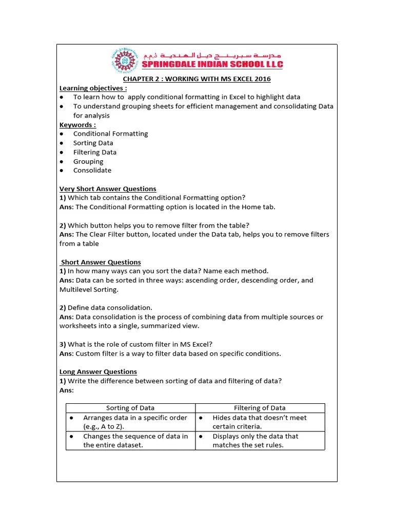 Computer Chapter 2 Working With MS Excel 2016 | PDF