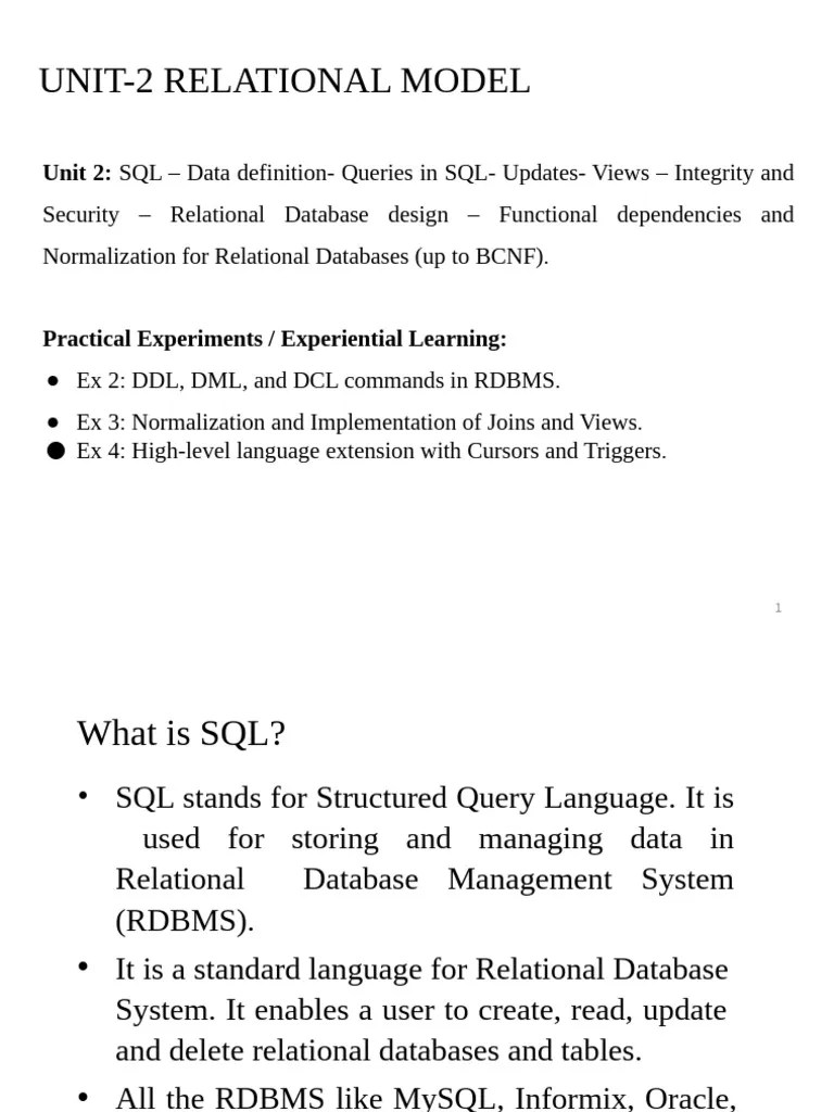 UNIT -2 2 | PDF | Sql | Relational Database