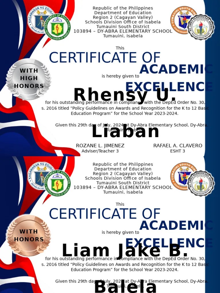 Certificate Of Academic Excellence S.Y. 2023-2024 (Recognition) | PDF ...