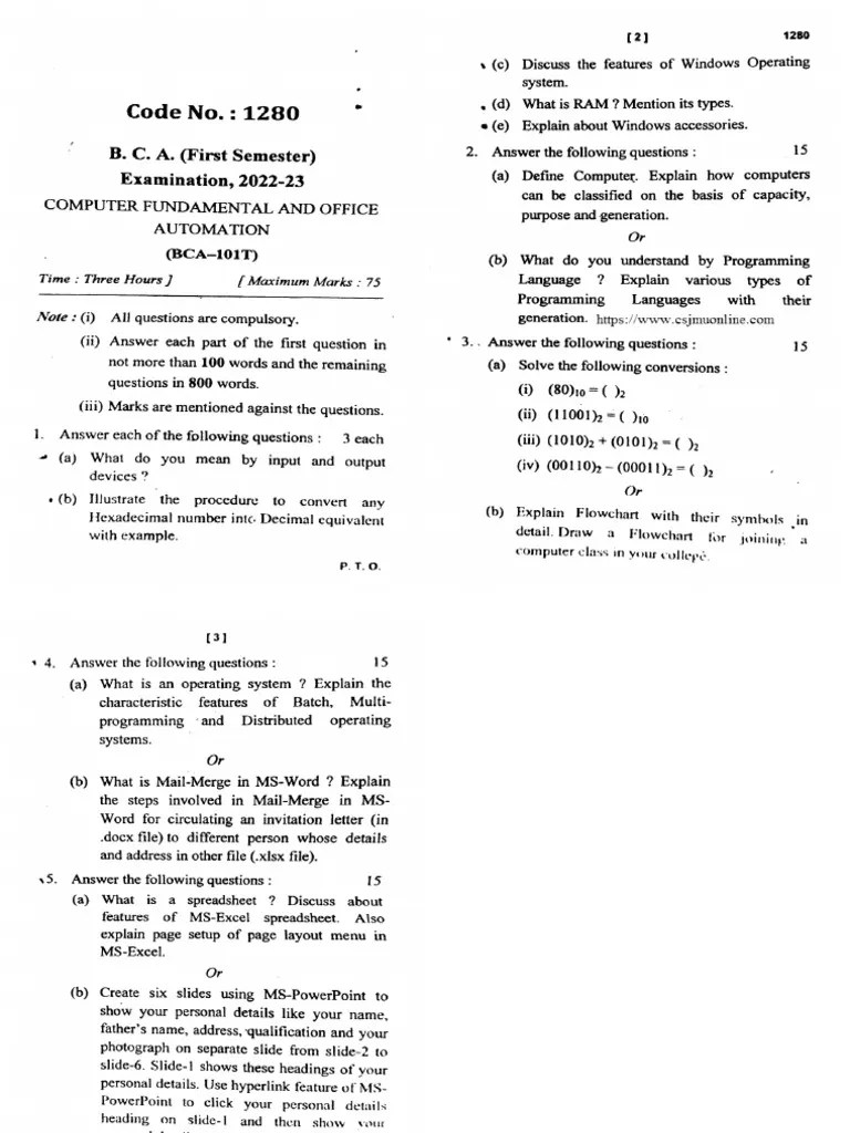 Bca 1 Sem Computer Fundamental And Office Automation 1280 2023 | PDF