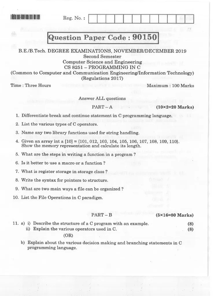 Programming In C - CS8251 2017 Regulation - Semester Question Paper ...