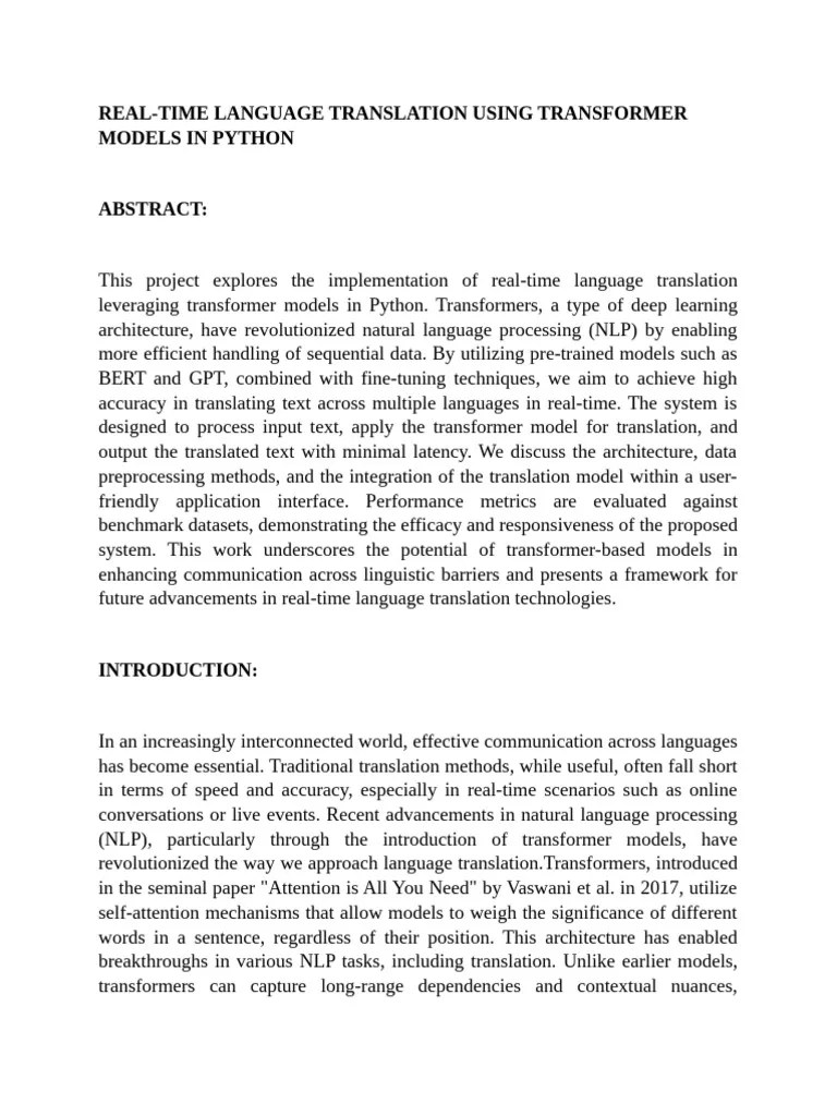 Real-Time Language Translation Using Transformer Models In Python | PDF ...