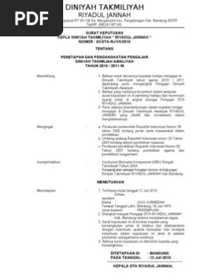 Bisa di download file word surat keputusan sk pengangkatan kepala madrasah diniyah takmiliyah awaliyah sk dikeluarkan dan ditandatangani . Sk Madrasah Diniyah Takmiltyah Riyadul Jannah Pdf