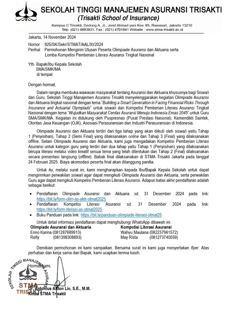 925 Surat Permohonan Mengirim Utusan Peserta Olimpiade Asuransi Dan Aktuaria Serta Lomba ...