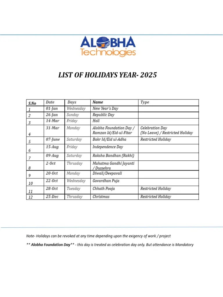 _LIST OF HOLIDAYS YEAR 2025.docx (2) (1) | PDF