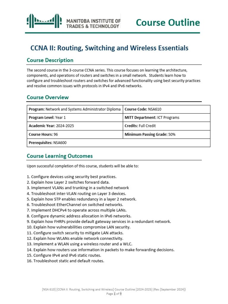 Course Outline - CCNA II - Routing, Switching And Wireless Essentials ...