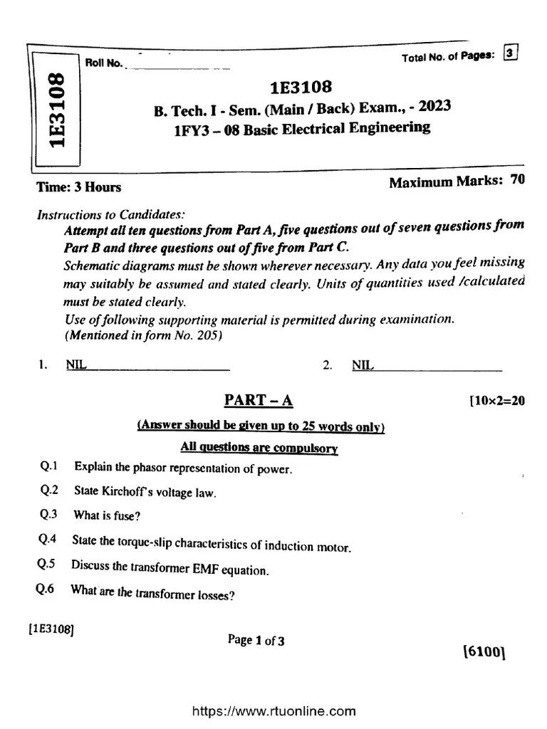 Btech 1 Sem Basic Electrical Engineering 1e3108 2023 | PDF