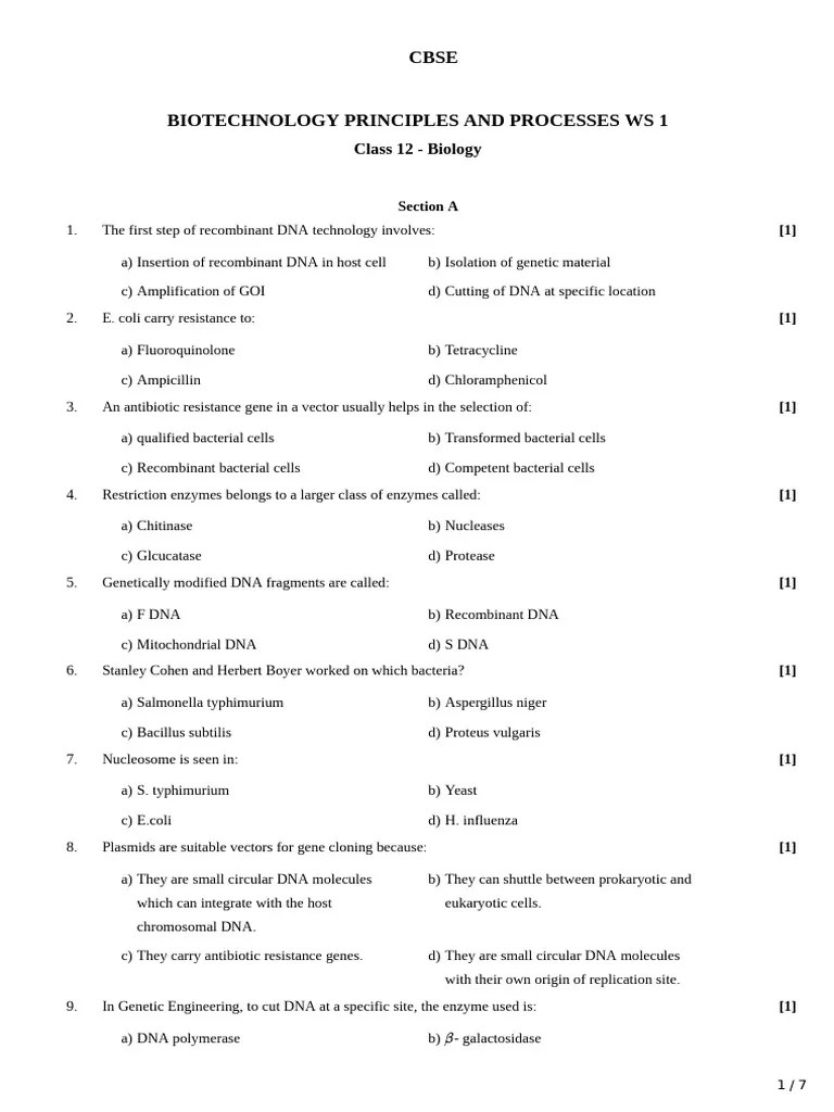 Biotechnology Principles And Processes WS 1 QUESTIONS | PDF | Gel ...