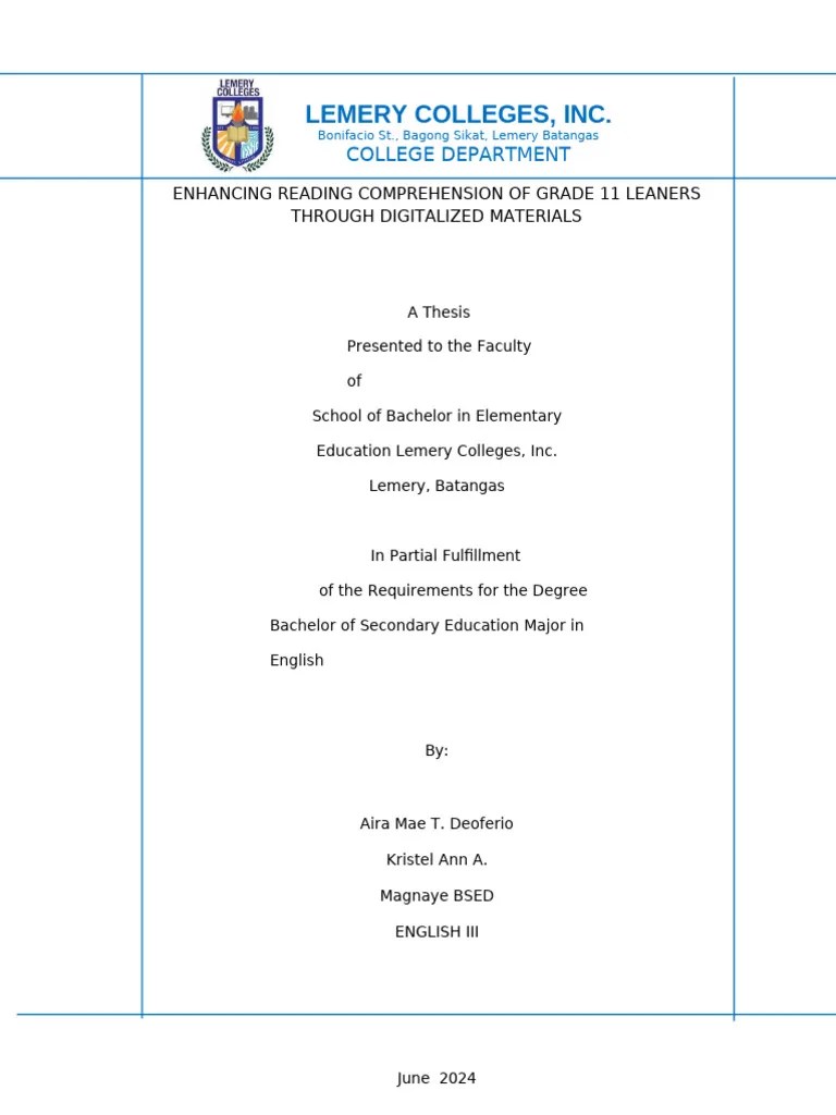 BSED ENG 3 - GROUP 7 - FINAL THESISSSS 1 AutoRecovered | PDF | Reading ...