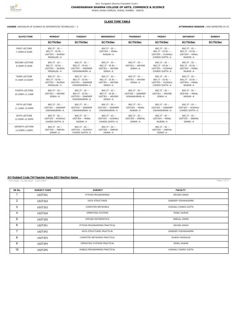 Class Time Table Syit Pdf