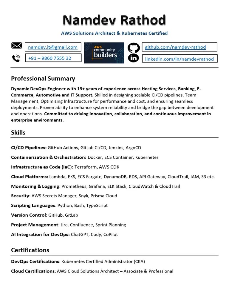 Namdev Rathod DevOps Engineer 2025 | PDF | Amazon Web Services | Cloud Computing