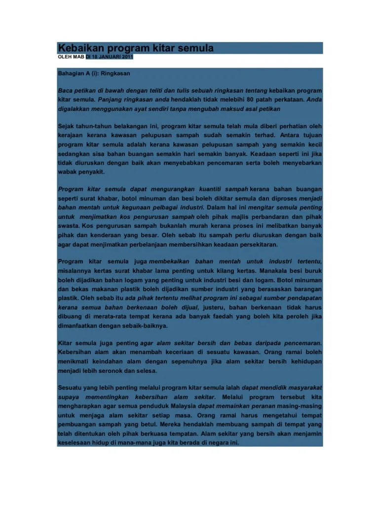 Bagi tujuan ini, sebanyak 24 lokasi di kawasan pbt dan 25 buah kampung tradisi telah. Contoh Karangan Faedah Program Kitar Semula Celestialya